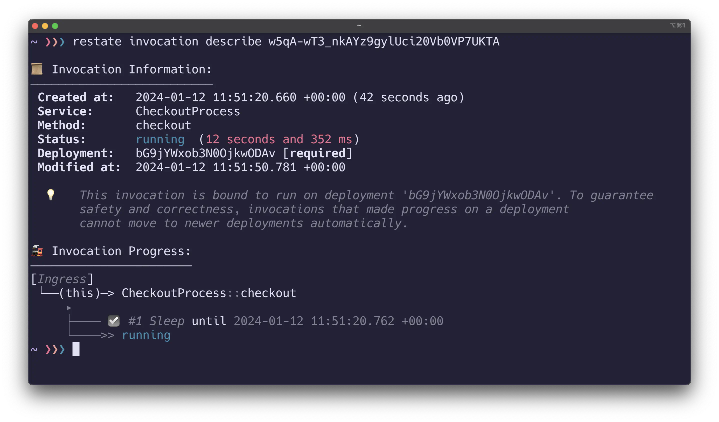 Inspecting ongoing invocations shows their status and progress.